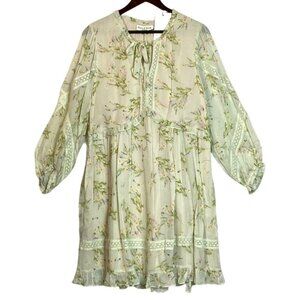 Hale Bob XL Mint Green Floral Boho Dress With Lace Trim Long Sleeves